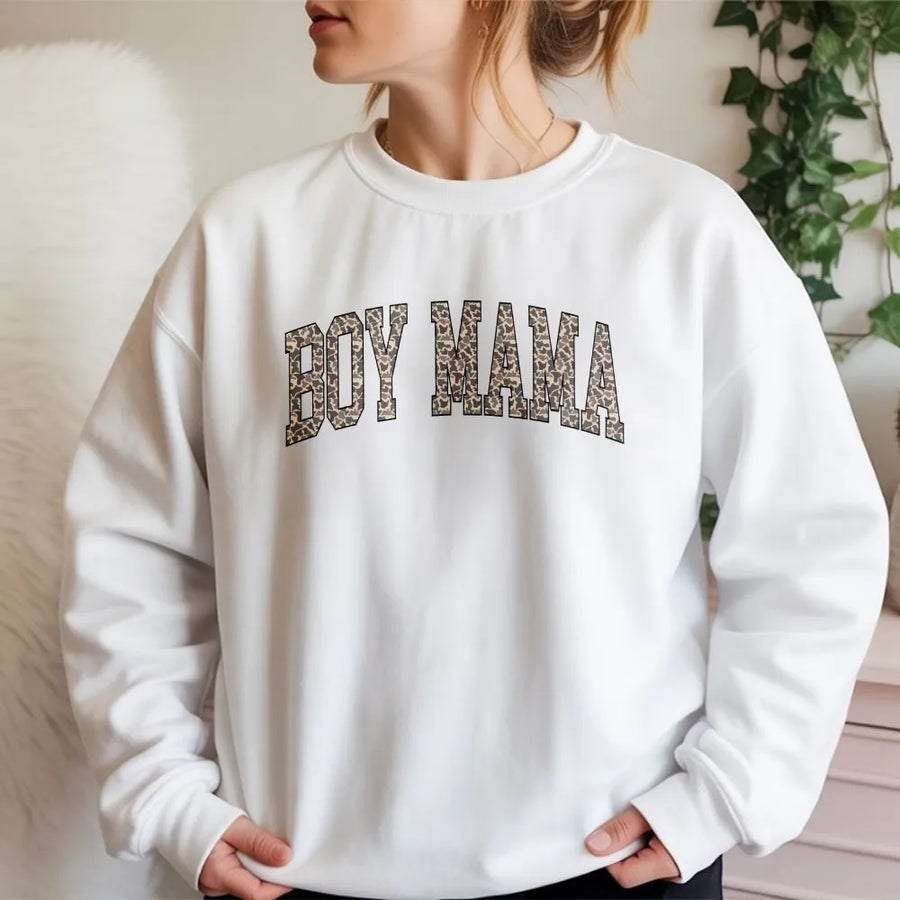 Boy Mama Sweatshirt | Camo Print Collegiate Design | Premium Soft Crewneck | Mothers Day Gift for Women