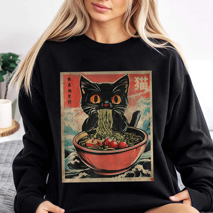 Cat Ramen Sweatshirt | Japanese Anime Aesthetic Art | Soft Cotton Blend Crewneck | Kawaii Foodie Gift For Anime Lovers