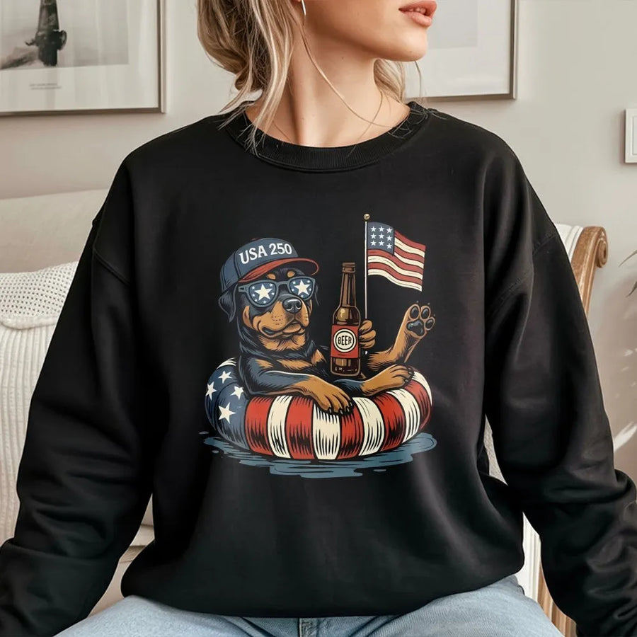 Patriotic Rottweiler Sweatshirt | Funny USA 250th Anniversary Dog Graphic | Premium Cotton Tee | Fourth of July Gift for Men