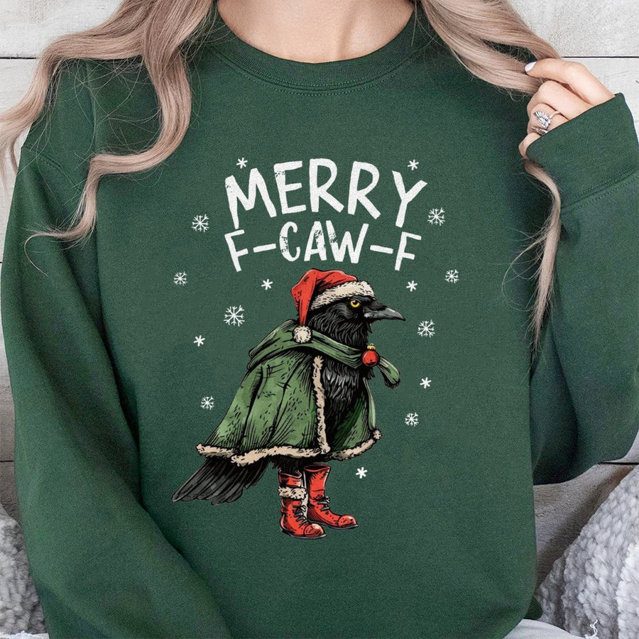 Merry F-Caw-F Christmas Sweatshirt | Funny Raven Graphic Tee | Soft Cotton Blend Unisex Pullover | Holiday Gift for Bird Lovers and Goth Fans