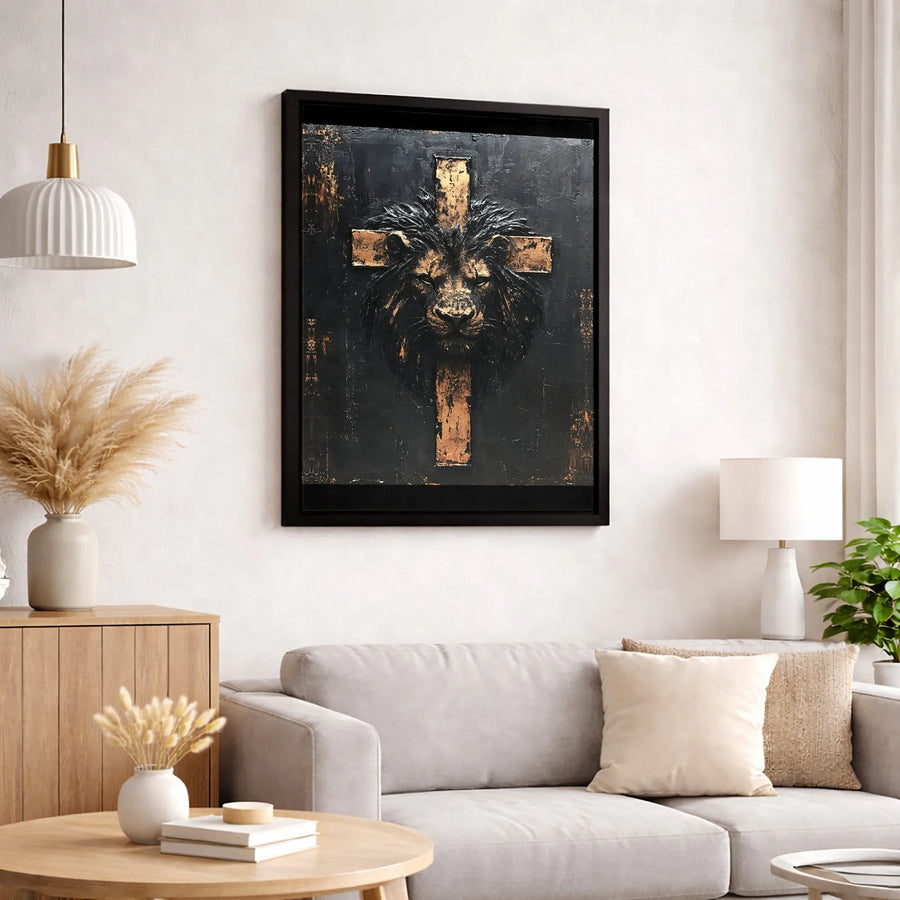Lion of Judah Cross Wall Art | Textured Black and Gold Religious Canvas | Gallery Quality 1.25 Inch Wrap | Premium Christian Home Decor Gift