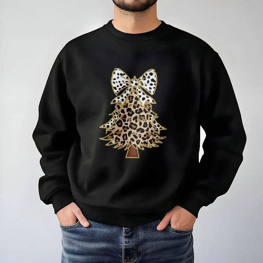 Leopard Print Christmas Tree Sweatshirt | Trendy Holiday Bow Design | Premium Soft Fleece | Cute Women’s Christmas Gift For Holiday Parties