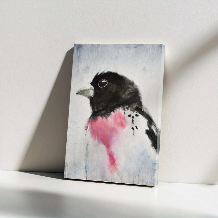 Rose Breasted Grosbeak Vertical Canvas | Abstract Bird Painting Wall Art | Premium 1.25" Thick Gallery Wrap | Collector's Gift for Ornithologist