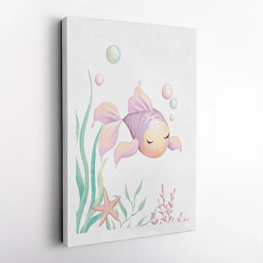 Watercolor Goldfish Canvas Wall Art | Cute Pastel Fish Illustration | Premium Fade-Resistant Print | Nursery Decor Gift for Kids Room or Bathroom