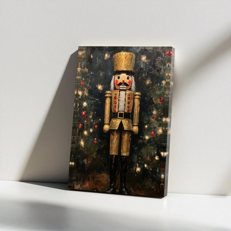 Gold Nutcracker Canvas Wall Art | Impasto Christmas Tree Print | 1.25" Gallery Wrap Premium Decor | Festive Holiday Home Decoration Gift