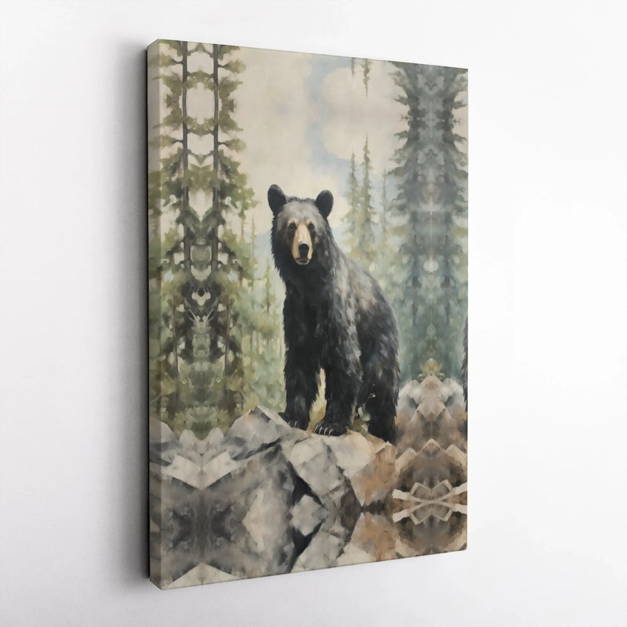 Black Bear Canvas Wall Art | Rustic Pine Forest Illustration | Premium Gallery Wrapped Canvas | Cabin Decor Gift for Nature Lovers