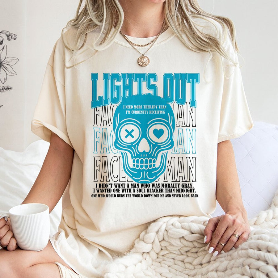 Lights Out Skull T-Shirt | Edgy Aesthetic Graphic Print | Premium 100% Cotton Tee | Gift for Dark Humor & Dark Romance Fans