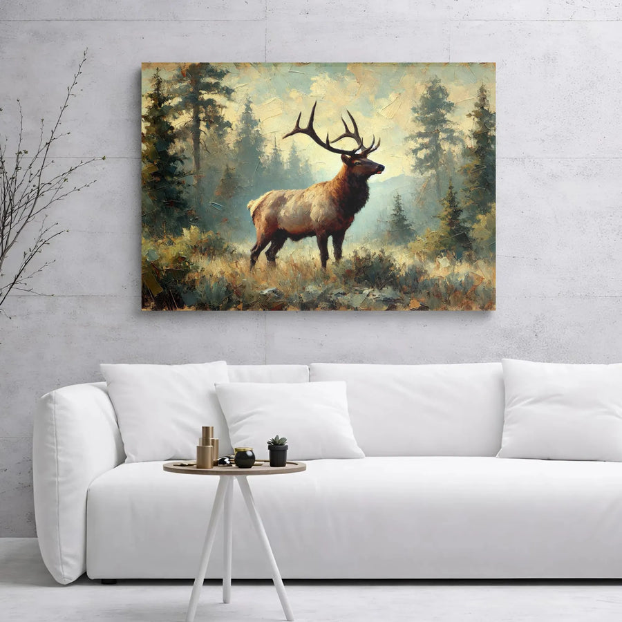 Majestic Elk Canvas Wall Art | Impressionist Forest Wildlife Painting | Premium Gallery Wrapped Decor | Nature Lover Gift for Cabin Home