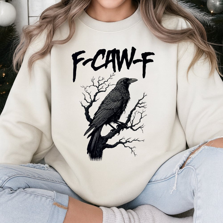 Crow Sweatshirt F-Caw-F | Gothic Raven Graphic Print | Soft Cotton-Polyester Unisex Crewneck | Funny Bird Lover Gift for Men and Women