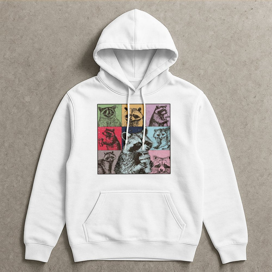 Raccoon Coffee Hoodie | Retro Pop Art Trash Panda Graphic | Premium Cotton Blend | Funny Animal Lover Gift for Men and Women