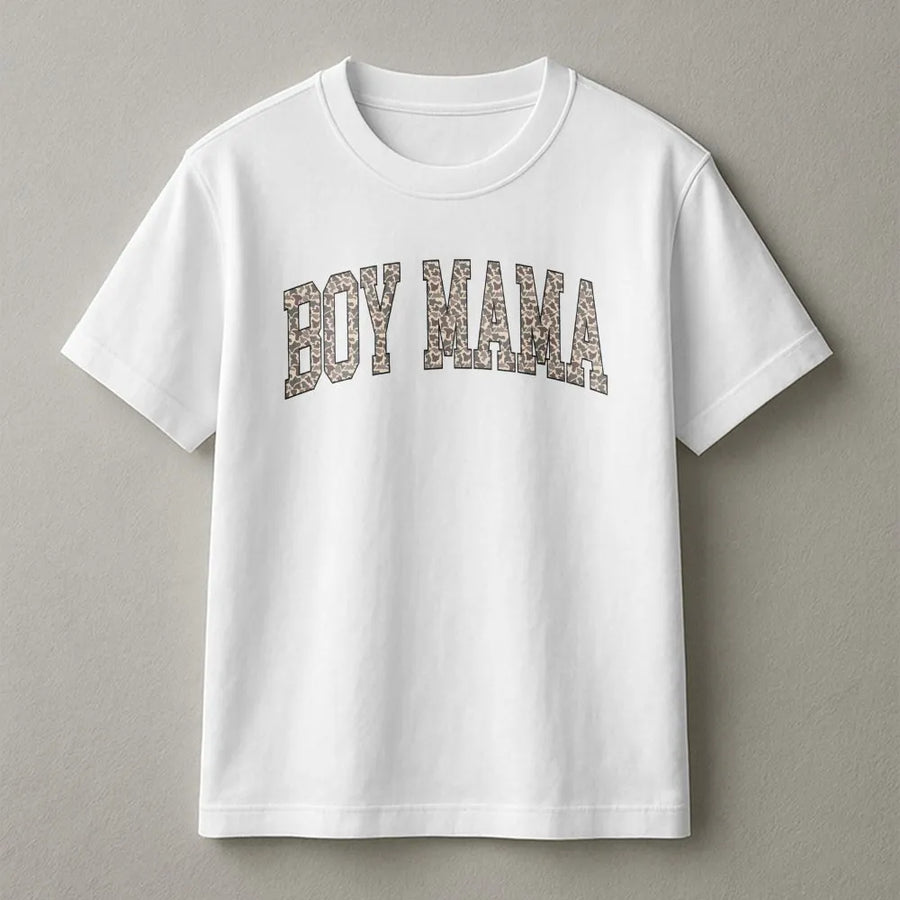 Boy Mama T-Shirt | Camo Print Collegiate Design | Premium Soft Crewneck | Mothers Day Gift for Women