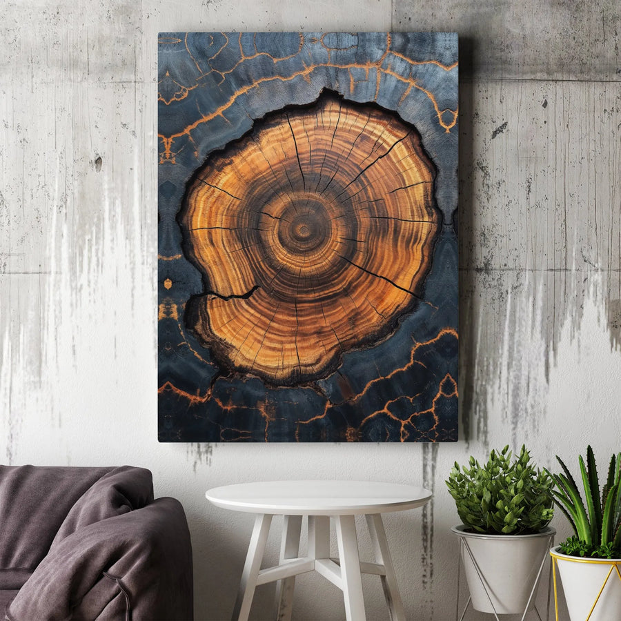 Tree Ring Wall Art Canvas | Modern Abstract Wood Grain with Gold Veins | 1.25" Gallery Wrap Premium Print | Nature Home Decor Gift for Living Room Office