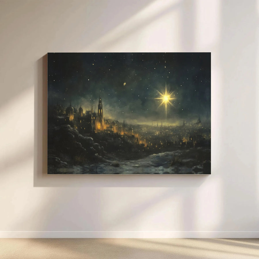 Star of Bethlehem Canvas Print | Nativity Wintry Cityscape Art | Premium Gallery-Wrapped Wall Decor | Religious Christmas Home Gift