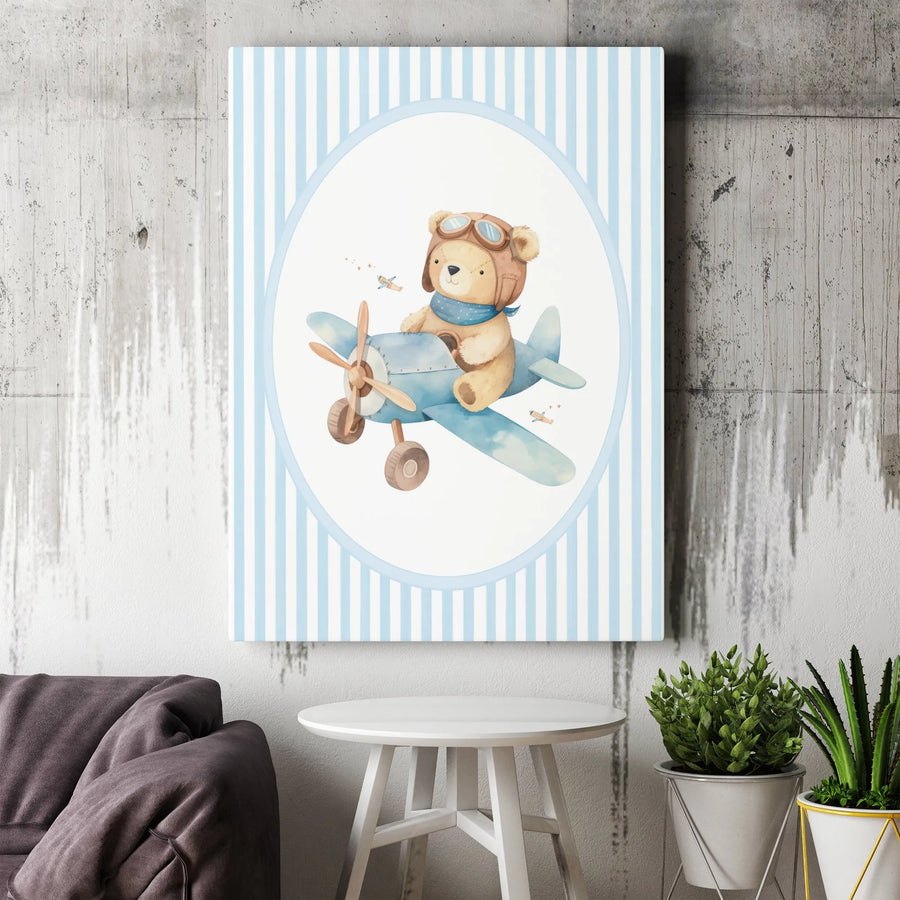 Baby Boy Nursery Wall Art | Cute Teddy Bear Pilot Flying Airplane | Premium Gallery-Wrap Canvas | Charming Baby Shower Gift