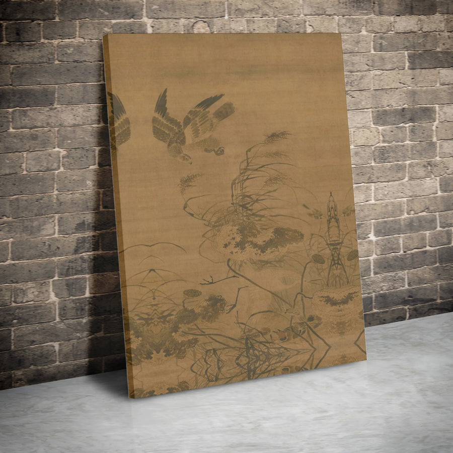 Japanese Hawk Painting Canvas | Vintage Sumi-e Style Bird of Prey | Premium 1.25" Thick Gallery Wrap | Zen Home Decor Gift for Art Lovers