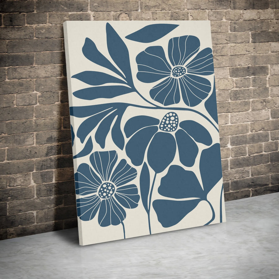 Blue Floral Botanical Canvas Wall Art | Mid-Century Modern Minimalist Print | Premium Fade-Resistant Gallery Wrap | Elegant Home & Office Decor Gift