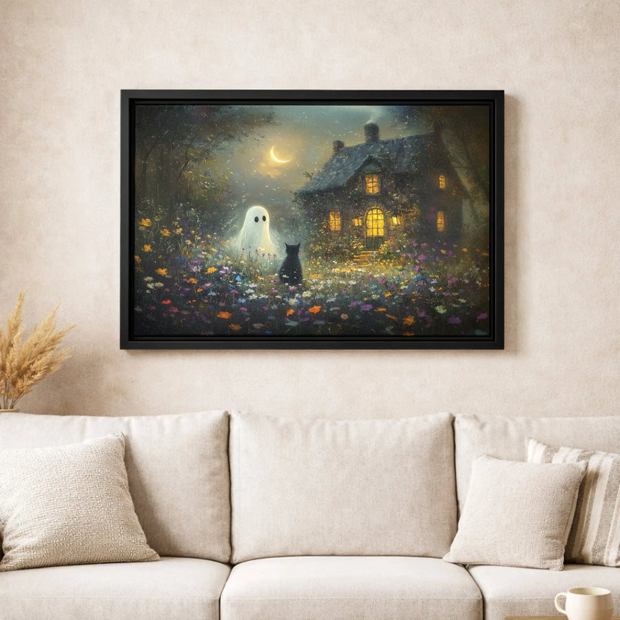Ghost and Black Cat Canvas Art | Whimsical Haunted House Wildflower Meadow | Premium Gallery Wrapped | Spooky Cottagecore Home Decor Gift