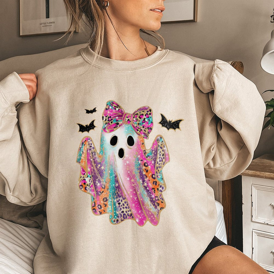 Colorful Bow Ghost Sweatshirt | Leopard Print Halloween Graphic | Premium Cotton Blend | Spooky Season Gift For Women