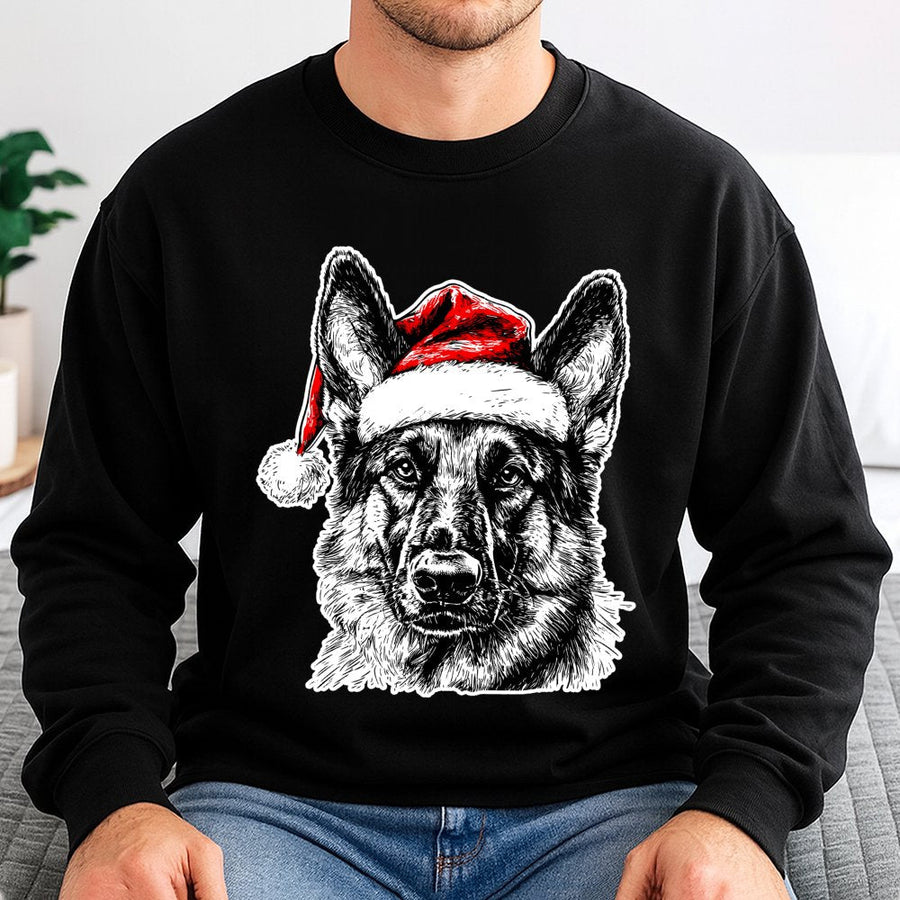German Shepherd Christmas Sweatshirt | Santa Hat Dog Graphic Print | Premium Cozy Cotton Blend | Holiday Gift For Dog Lovers
