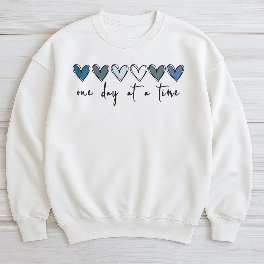 One Day At A Time Sweatshirt | Mental Health Awareness Heart Graphic | Premium Cotton Blend Crewneck | Inspirational Wellness Gift For Her