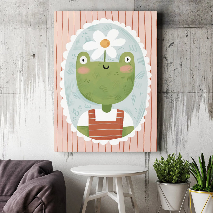 Cute Frog Wall Art | Whimsical Daisy Portrait Canvas | Premium Gallery Wrap Decor | Nursery Or Cottagecore Bedroom Gift