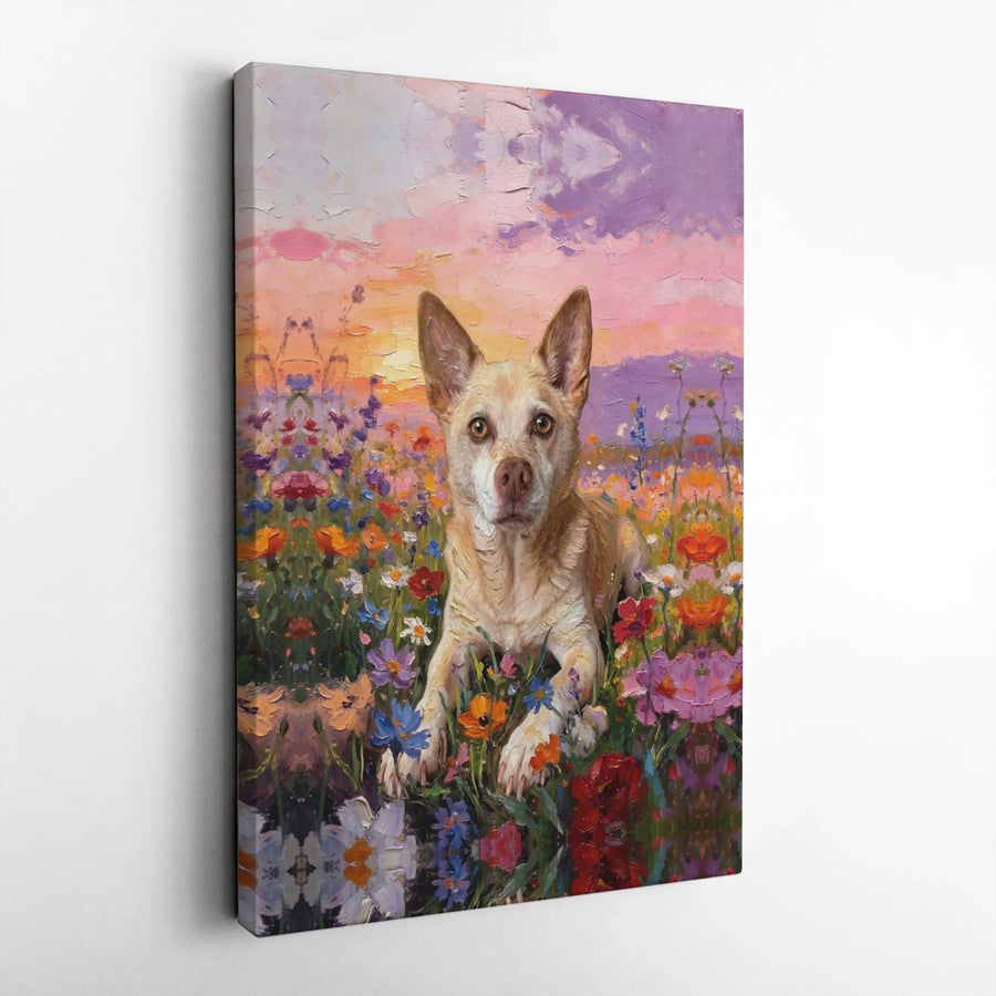 Dog in Wildflowers Canvas Wall Art | Colorful Flower Meadow Oil Painting Style | Premium Gallery Wrapped Canvas | Gift for Dog Lover Home Decor