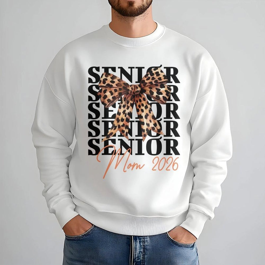 Senior Mom 2026 Sweatshirt | Leopard Print Bow Graphic | Premium Cotton Blend | Gift for Proud Graduate Parent