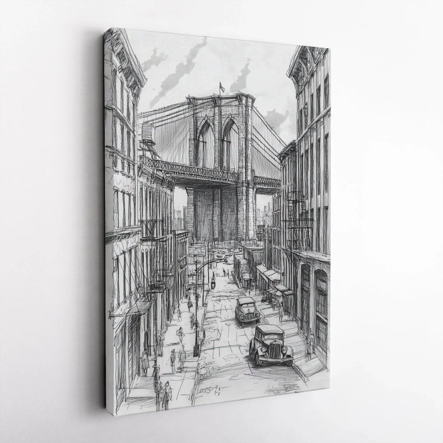 Brooklyn Bridge Sketch Vertical Canvas | Vintage NYC Architectural Drawing | Premium Gallery Wrap Wall Art | Collector's Gift for New York Lover