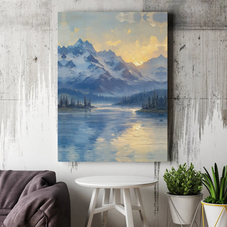 Mountain Lake Canvas Print | Snowy Peak Landscape Oil Painting Style | Premium Gallery Wrap Wall Art | Nature Home Decor Gift for Office