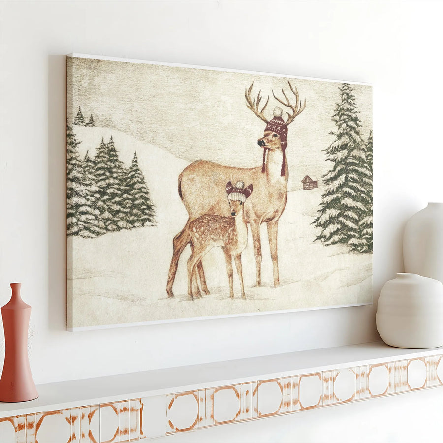 Winter Deer Canvas Wall Art | Whimsical Woodland Scene with Deer in Knit Hats | Premium Fade-Resistant Print | Rustic Cabin Holiday Decor Gift
