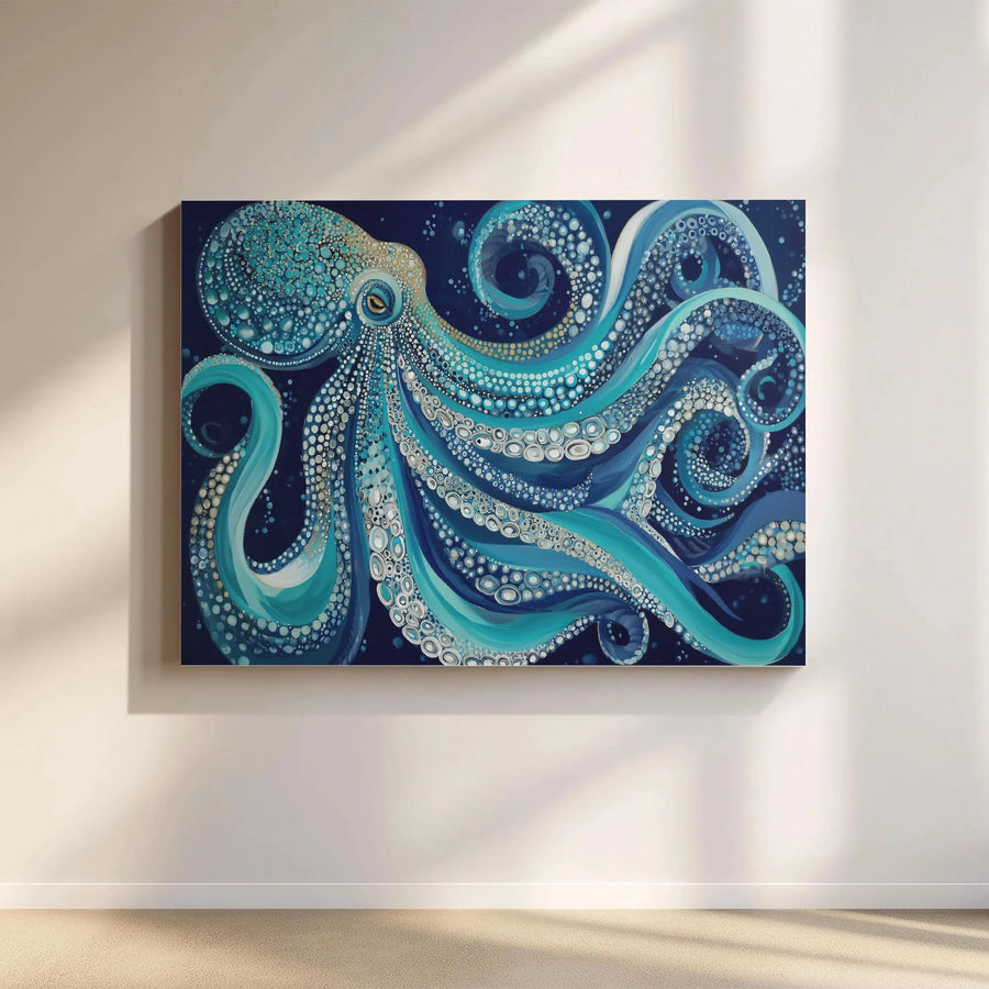 Blue Octopus Canvas Wall Art | Dot Mandala Nautical Design | Premium Fade-Resistant Print | Coastal Home Decor Gift