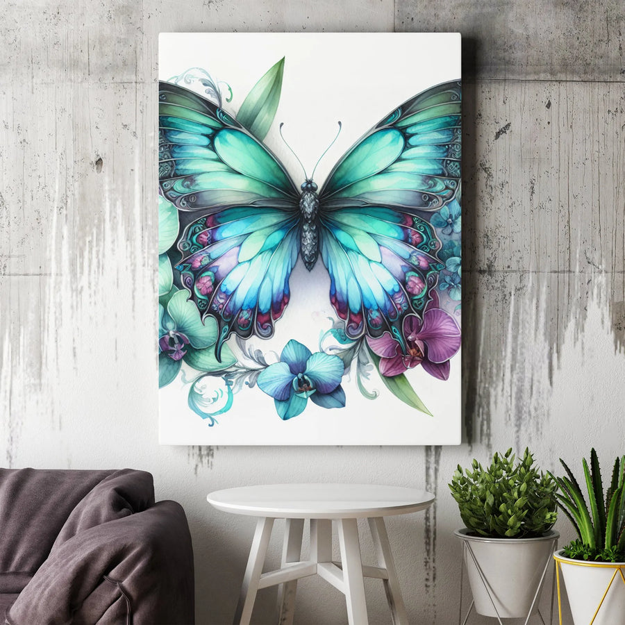Teal Butterfly Canvas Wall Art | Watercolor Orchid Floral Print | Premium Gallery Wrapped Decor | Nature Lover Living Room Gift