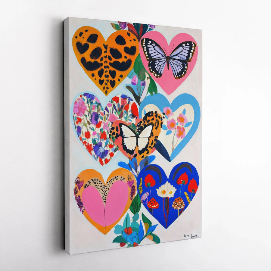 Colorful Heart Canvas Wall Art | Butterfly and Floral Collage Print | 1.25-Inch Gallery-Wrapped | Modern Home Decor Gift