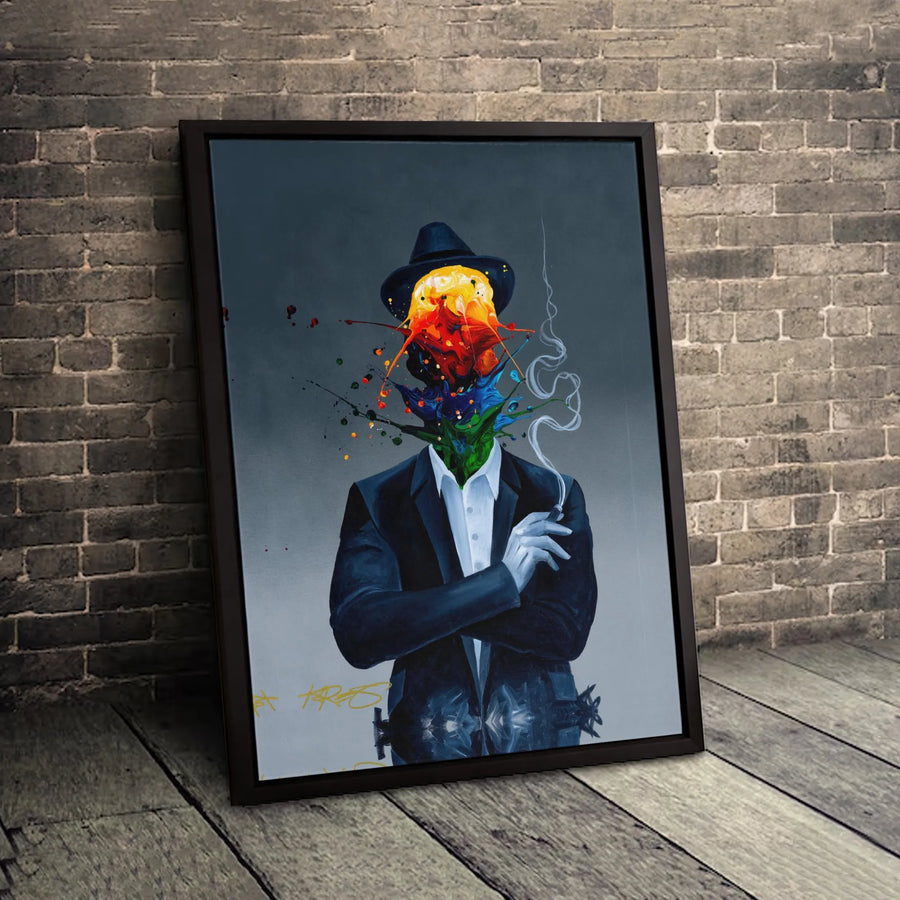 Abstract Man In Suit Canvas Print | Colorful Paint Splash Fedora Design | Premium 1.25" Gallery Wrap | Modern Office Decor Wall Art