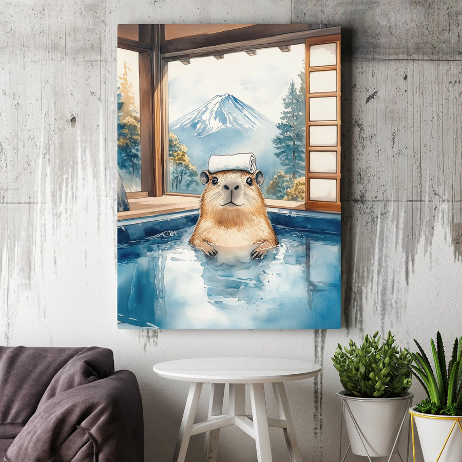 Capybara Wall Art | Watercolor Japanese Onsen With Mount Fuji | Premium Gallery Wrap Canvas | Cute Animal Home Decor Gift