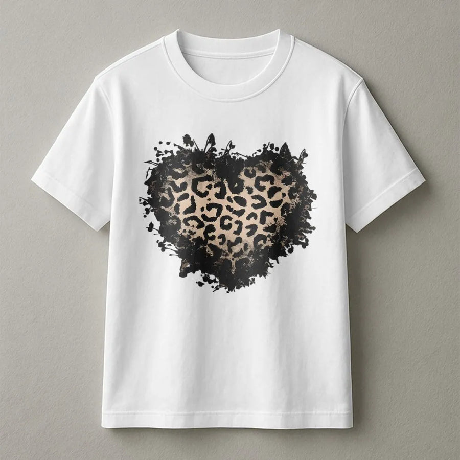 Leopard Heart T-Shirt | Distressed Animal Print Graphic | 100% Cotton Premium Tee | Boho Aesthetic Gift for Her