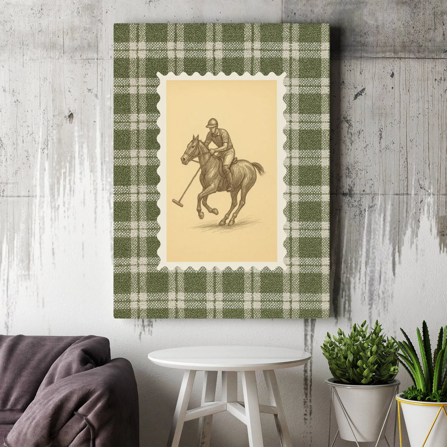 Equestrian Polo Player Wall Art | Vintage Horse Sketch on Green Plaid Border | Premium Gallery-Wrapped Canvas | Sophisticated Home Office Decor Gift