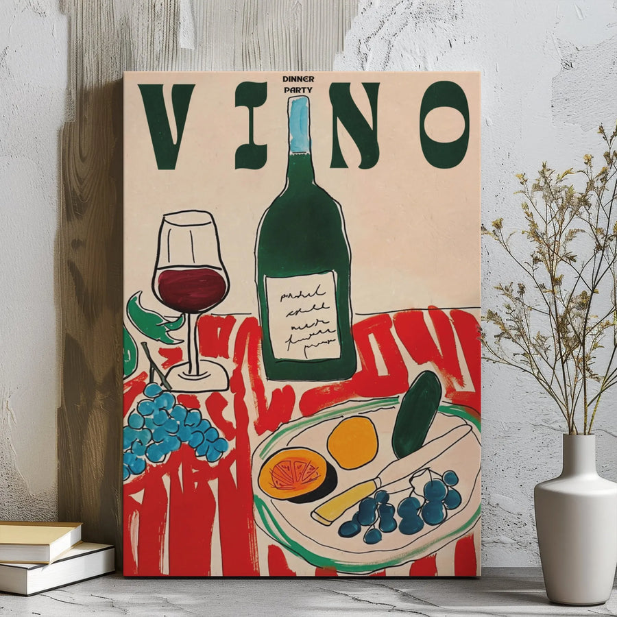 Vino Dinner Party Wall Art | Abstract Wine Bottle & Fruit Illustration | Premium Gallery Wrap Canvas | Kitchen Decor Gift for Wine Lovers