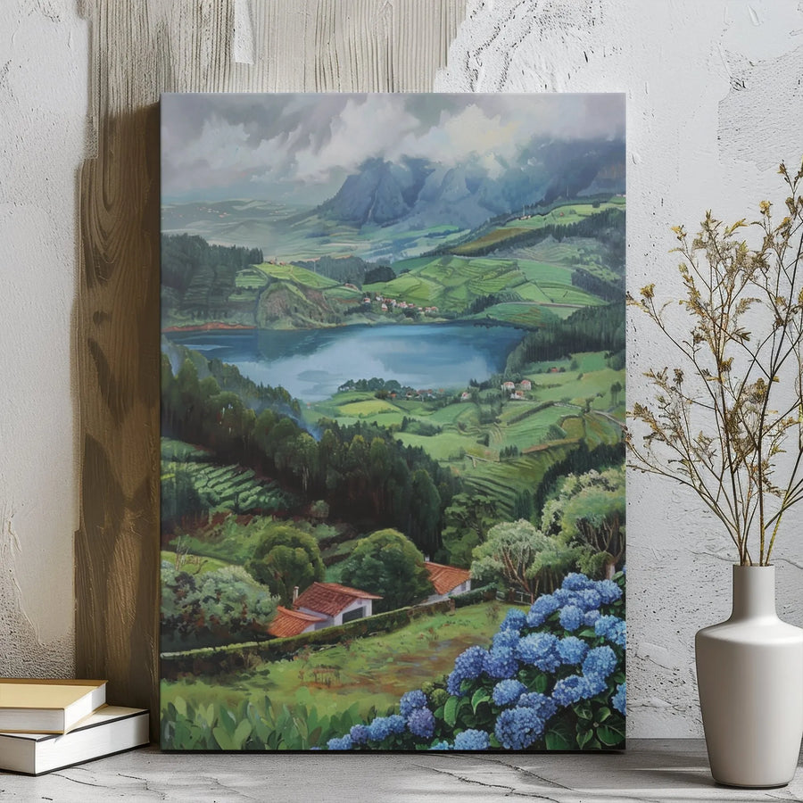Azores Landscape Canvas Wall Art | Sete Cidades Lake Mountain View | Gallery Wrap Premium Print | Nature Home Decor Gift for Travel Lovers