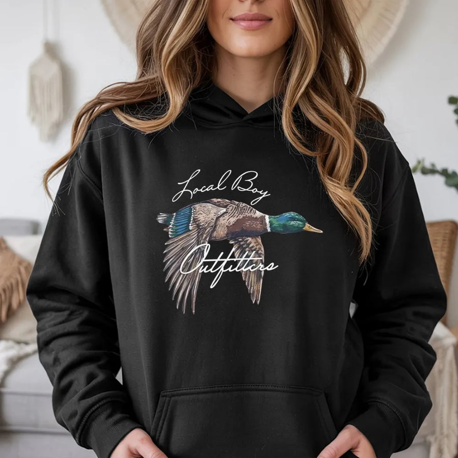 Mallard Duck Graphic Hoodie | Flying Bird Wildlife Illustration | Premium Cotton-Blend Pullover | Nature Lover Gift for Outdoorsmen & Women