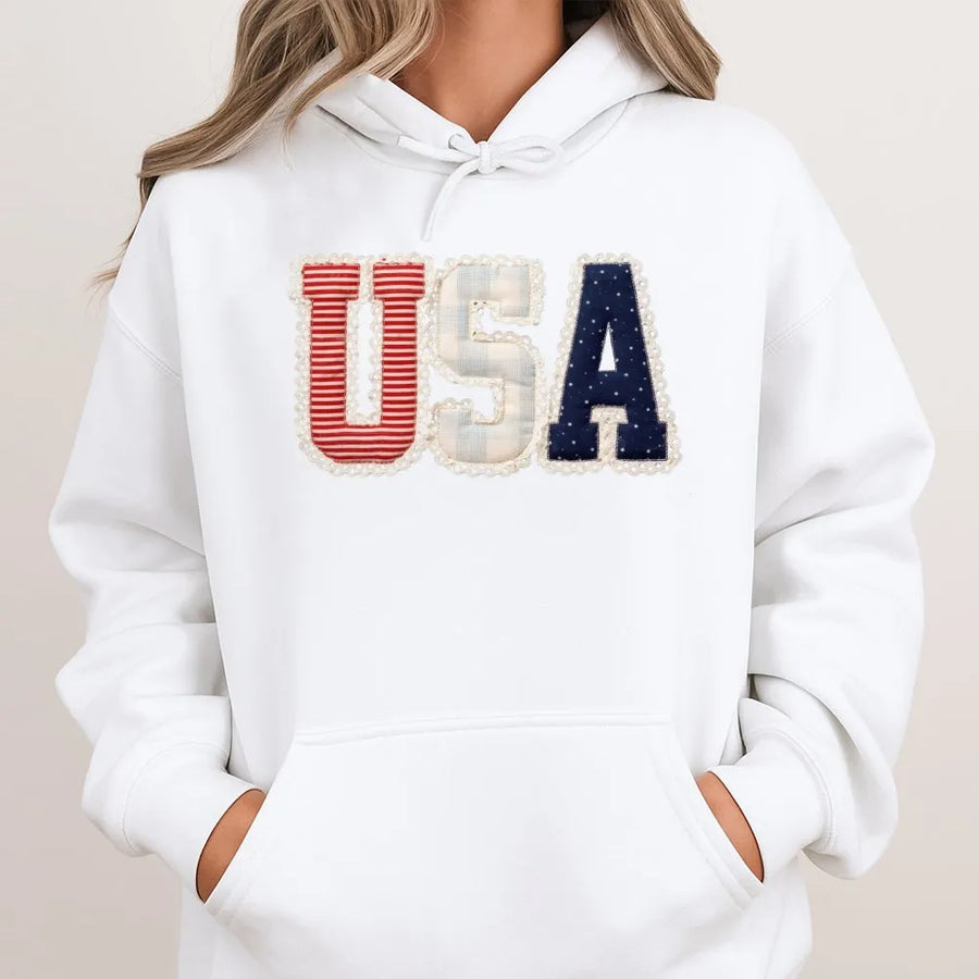 Preppy USA Hoodie | Coquette Faux Patchwork Graphic | Soft Cotton Blend | Patriotic Independence Day Gift for Her