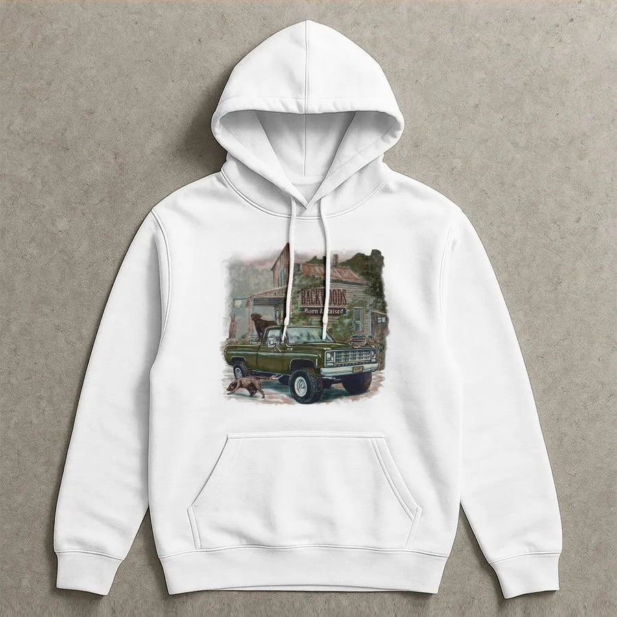 Backwoods Born & Raised Hoodie | Rustic Country Vintage Truck Graphic | Comfort Colors Cotton | Southern Lifestyle Gift for Men & Women