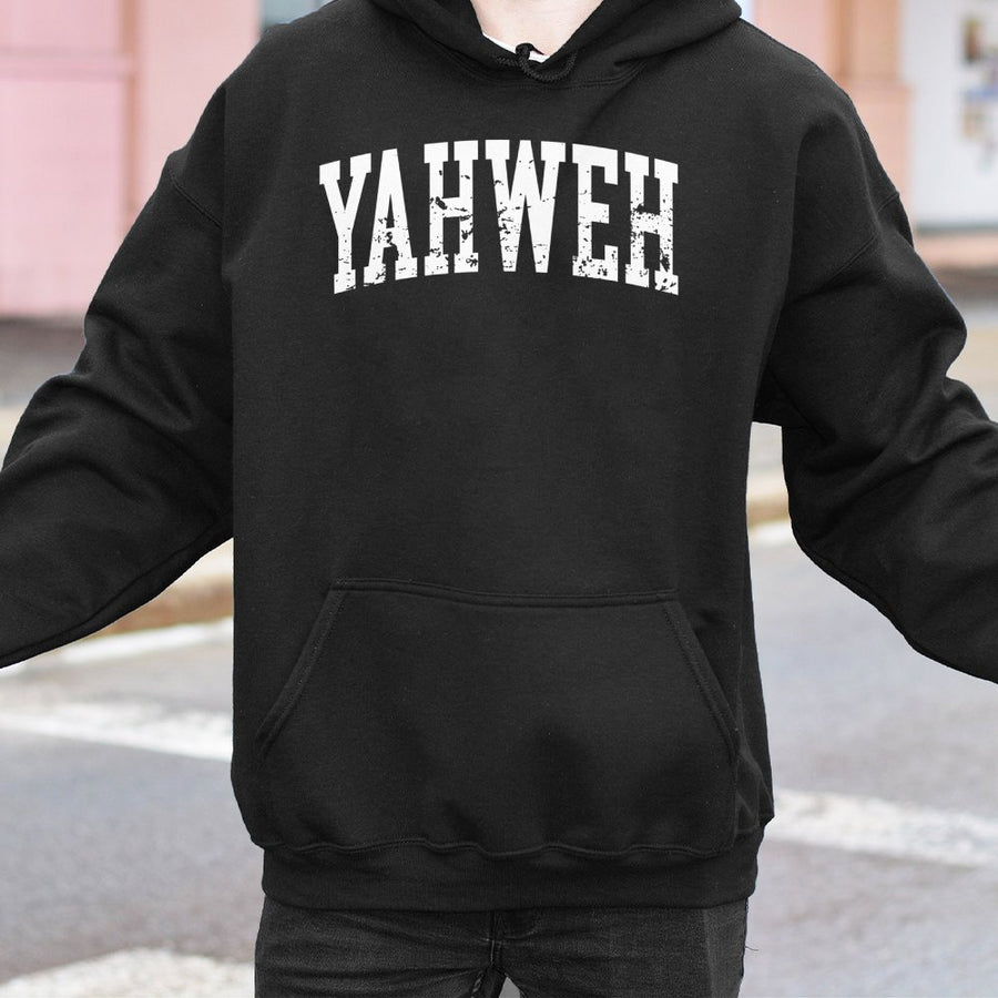 Yahweh Christian Hoodie | Distressed Collegiate Font Religious Design | Premium Cotton Blend | Faith-Based Gift for Believers