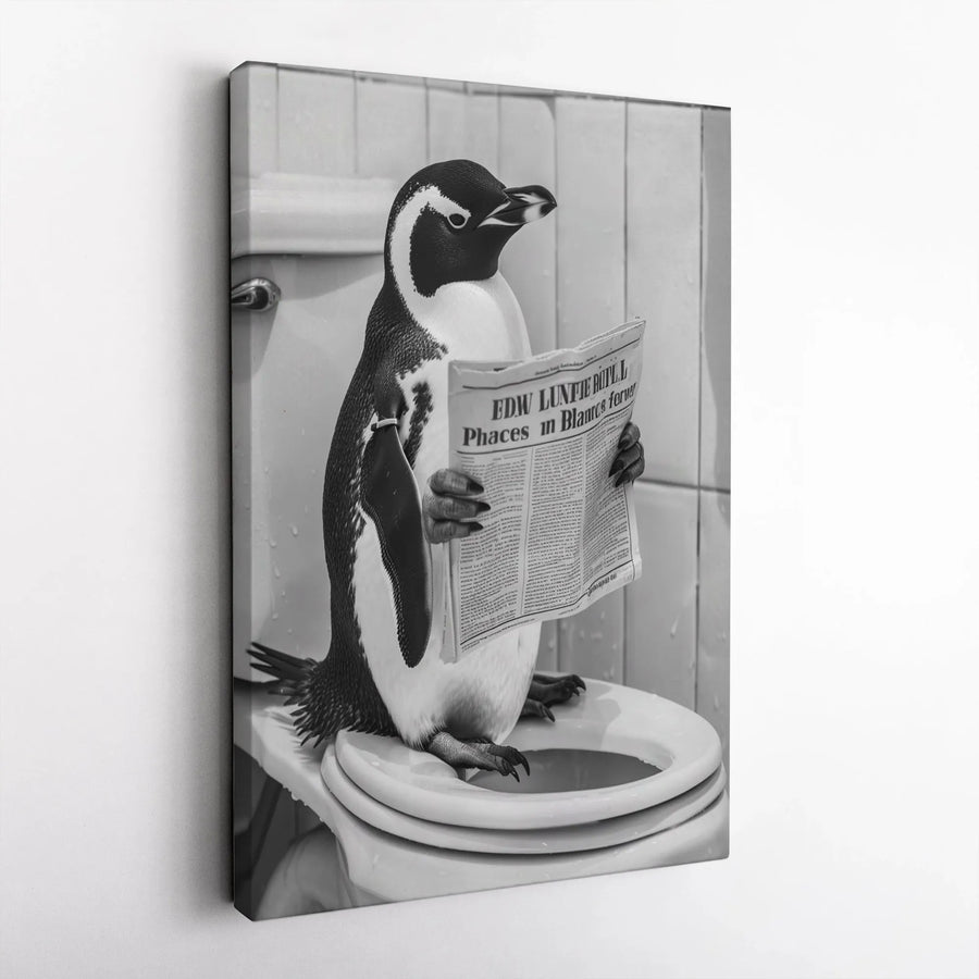 Penguin Reading Newspaper on Toilet Canvas | Funny Bathroom Wall Art | Premium Gallery Wrapped Print | Quirky Home Decor Gift