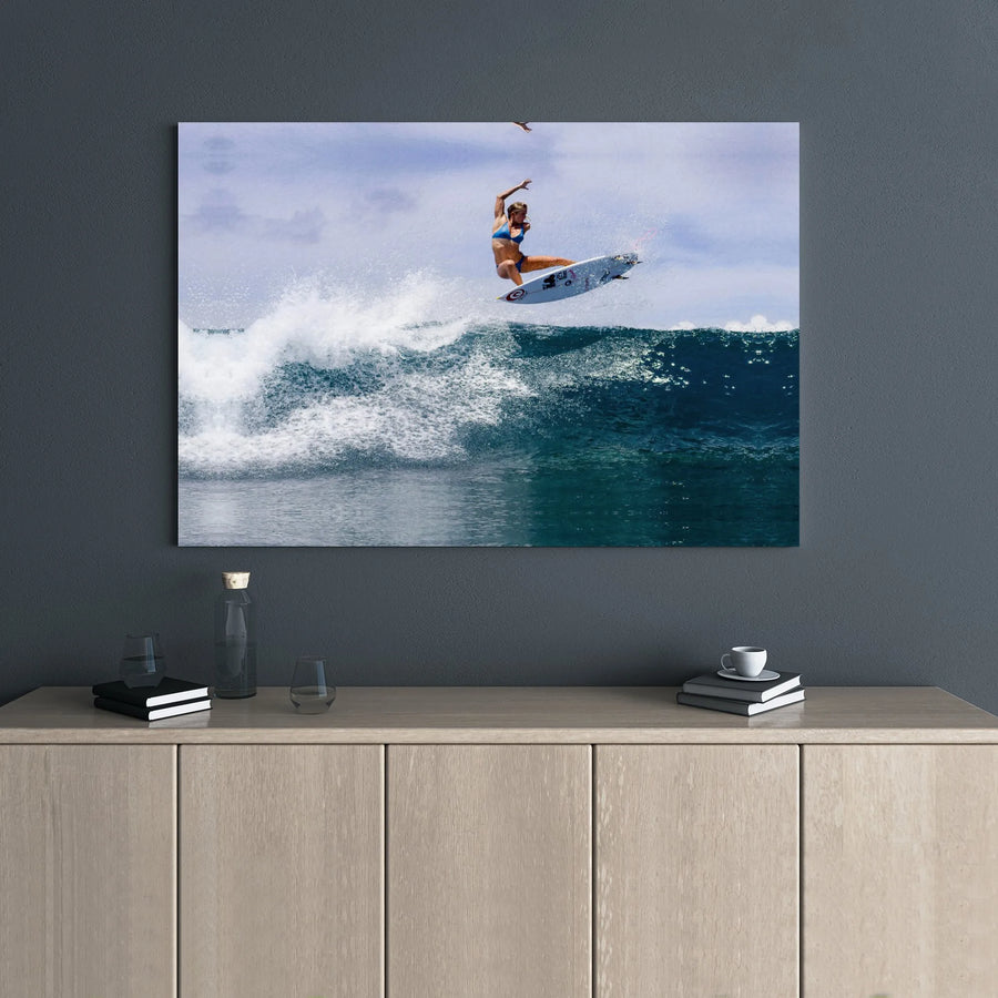 Female Surfer Canvas Wall Art | Action Extreme Sports Wave Photography | Premium 1.25-inch Gallery Wrap | Gift for Ocean and Surf Lovers