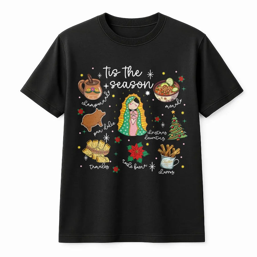 Mexican Christmas T-Shirt | Tis The Season Virgencita Graphic | Premium Cotton Unisex Tee | Feliz Navidad Holiday Gift for Her