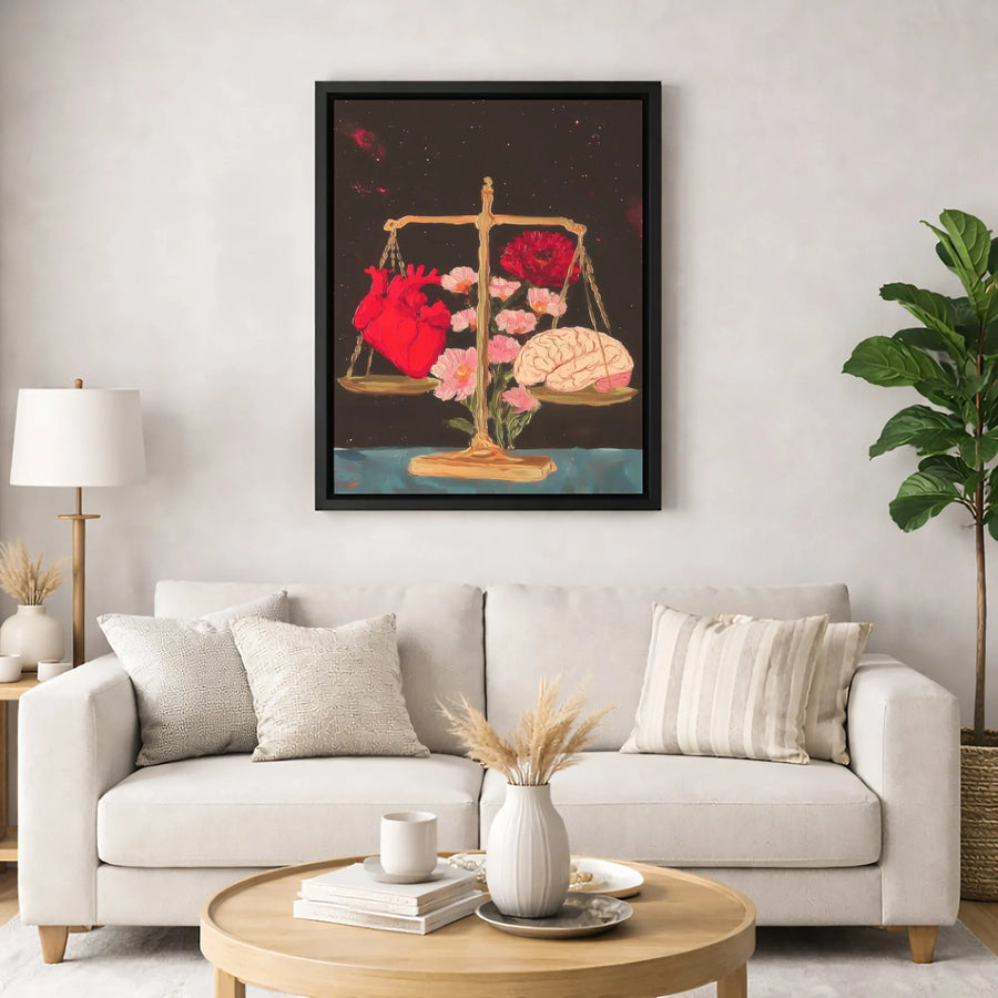 Heart and Brain Canvas Art | Anatomical Scales of Justice Floral Wall Decor | Premium 1.25" Thick Gallery Wrap | Surreal Psychology Office Gift