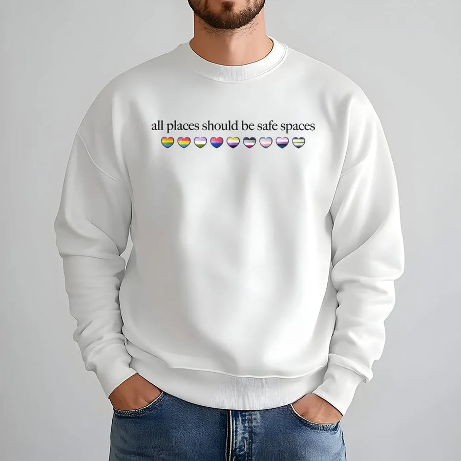 Safe Spaces Pride Sweatshirt | LGBTQ+ Awareness Hearts Graphic | Premium Cotton Blend | Inclusive Gift for Activists and Allies
