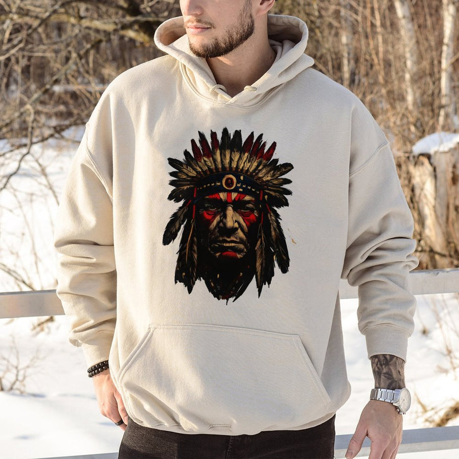 Chief Headdress Hoodie | Native American Warrior Art Graphic | Premium Cotton Blend Pullover | Unisex Gift for Heritage Lovers