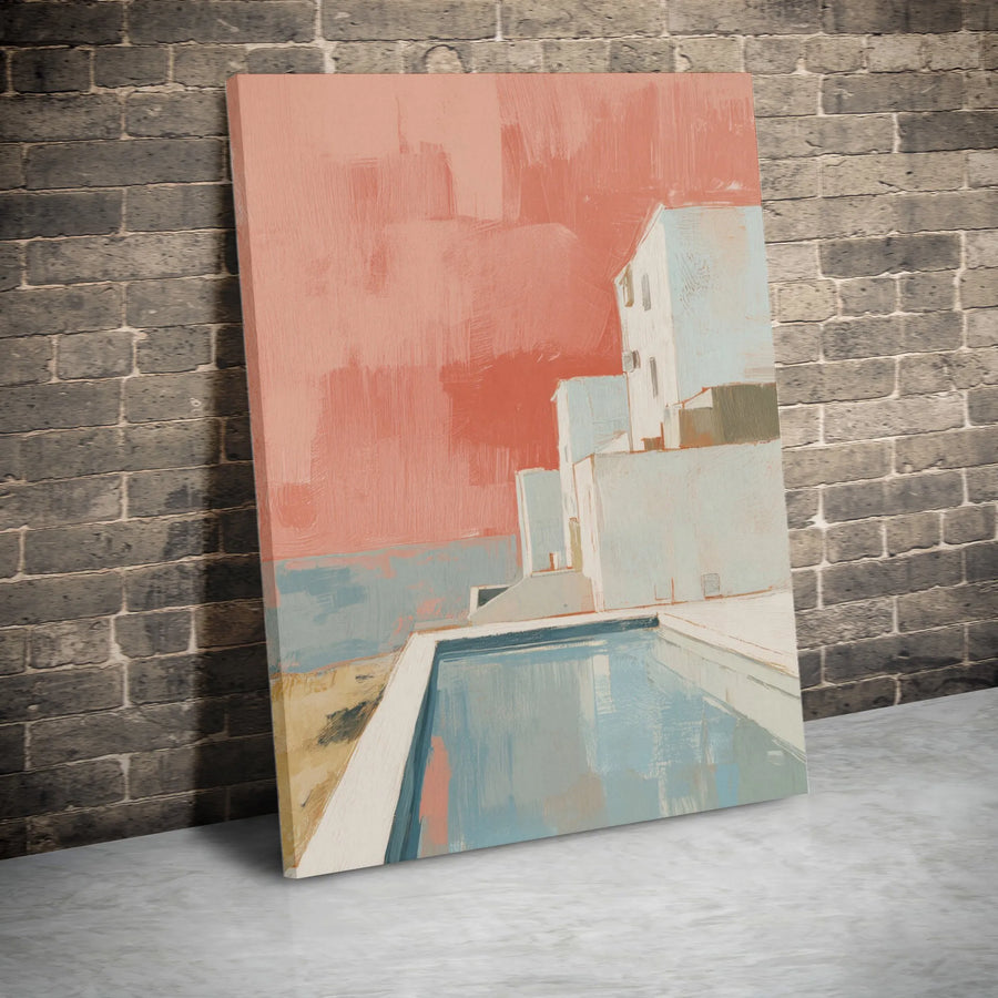Abstract Architecture Wall Art | Modernist Poolside Villa Painting | Premium Canvas Print | Unique Gift for Architect or Homeowner